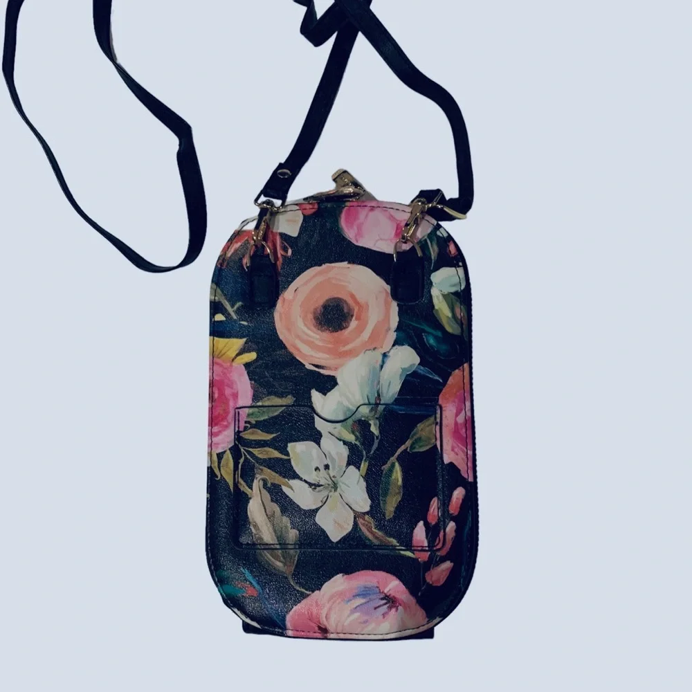 MONARQUE PINK FLORAL ON BLACK CROSSBODY BAG PURSE WALLET WATERCOLOR FLORAL PURSE - Picture 4 of 13